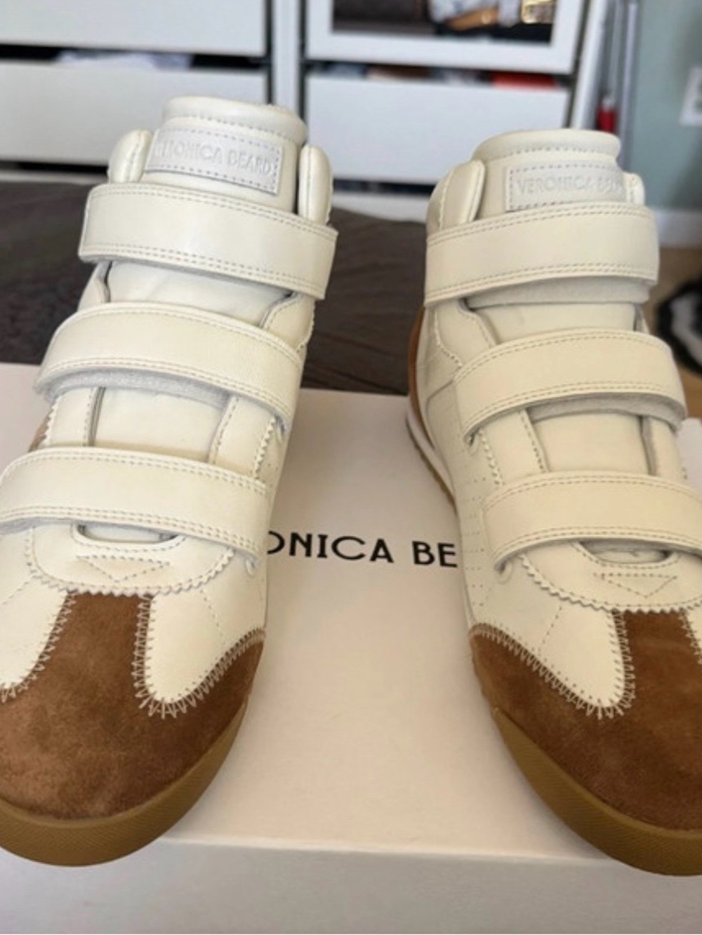 Veronica Beard Cream and Brown High-Top Velcro Sneakers